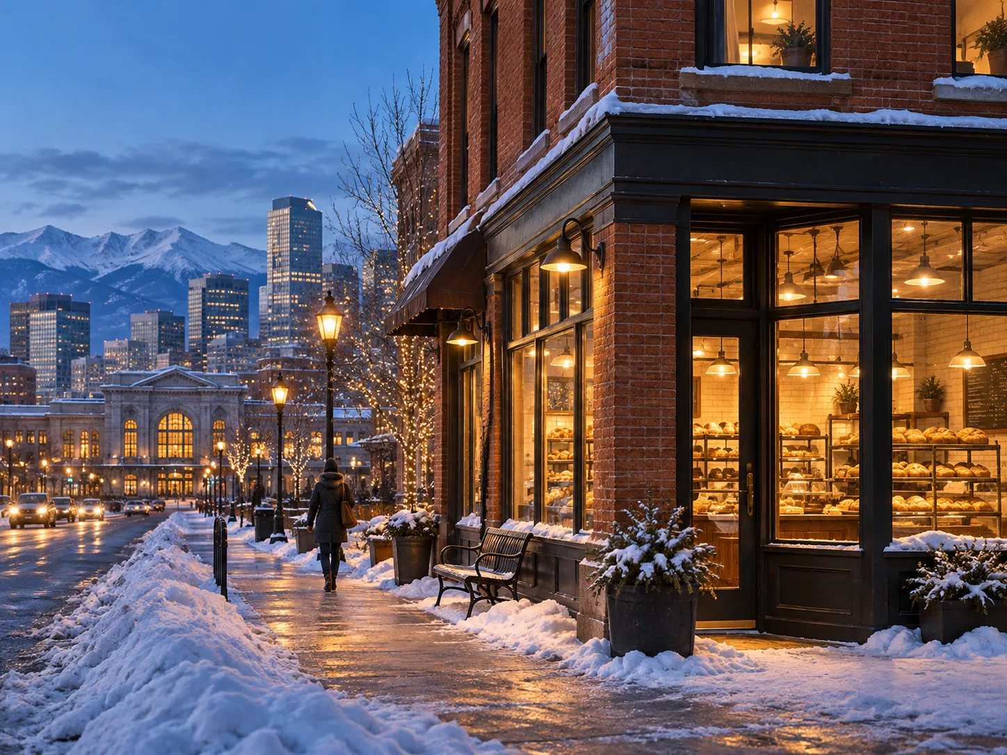 A brick corner bakery glowing at blue hour on a snowy Denver street, downtown and the Front Range beyond